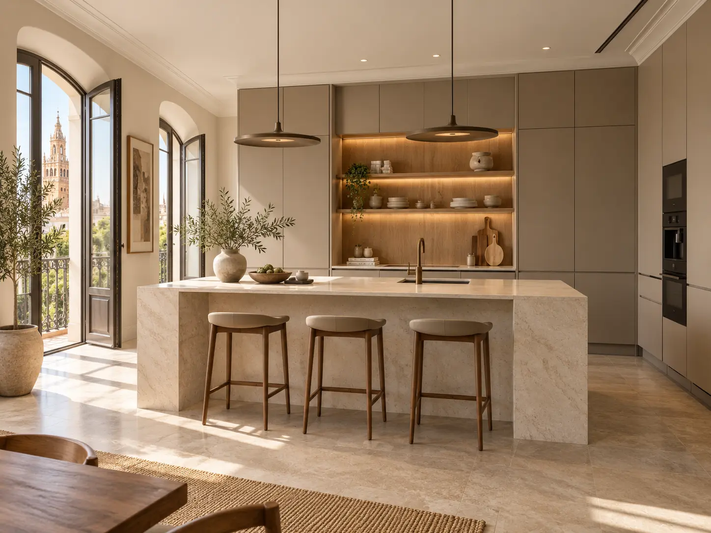 Cocina de diseño en tonos cálidos con vistas a Sevilla